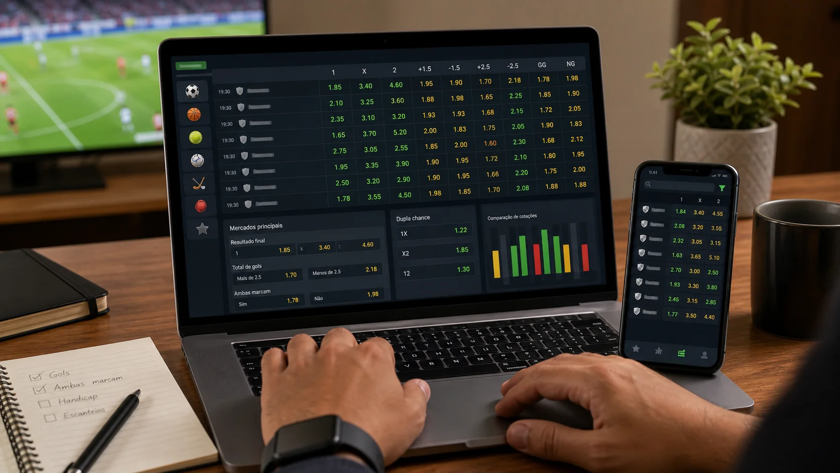 Odds decimais em notebook e celular para comparar cotações esportivas